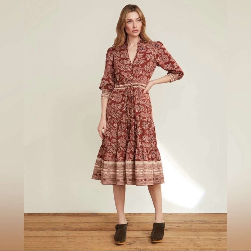 Veronica Beard Rust Red Floral Midi Dress